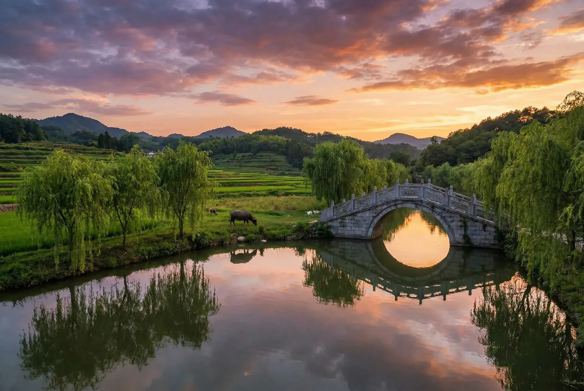 夕阳下的石拱桥与垂柳，水牛在河边吃草 - 电视剧我的美丽人生 乡村美景